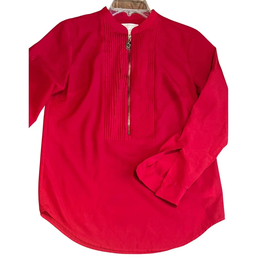 Michael Kors Women's Pleated Zip Front Roll Tab Red Blouse Size Medium